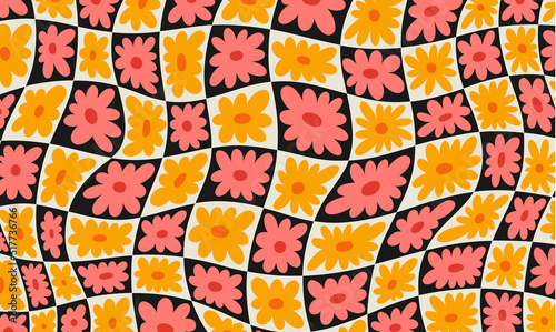 Hippie funky vibe style. Vintage 1960-1970. Hippy flower retro dice chess background. Symbol retro print.