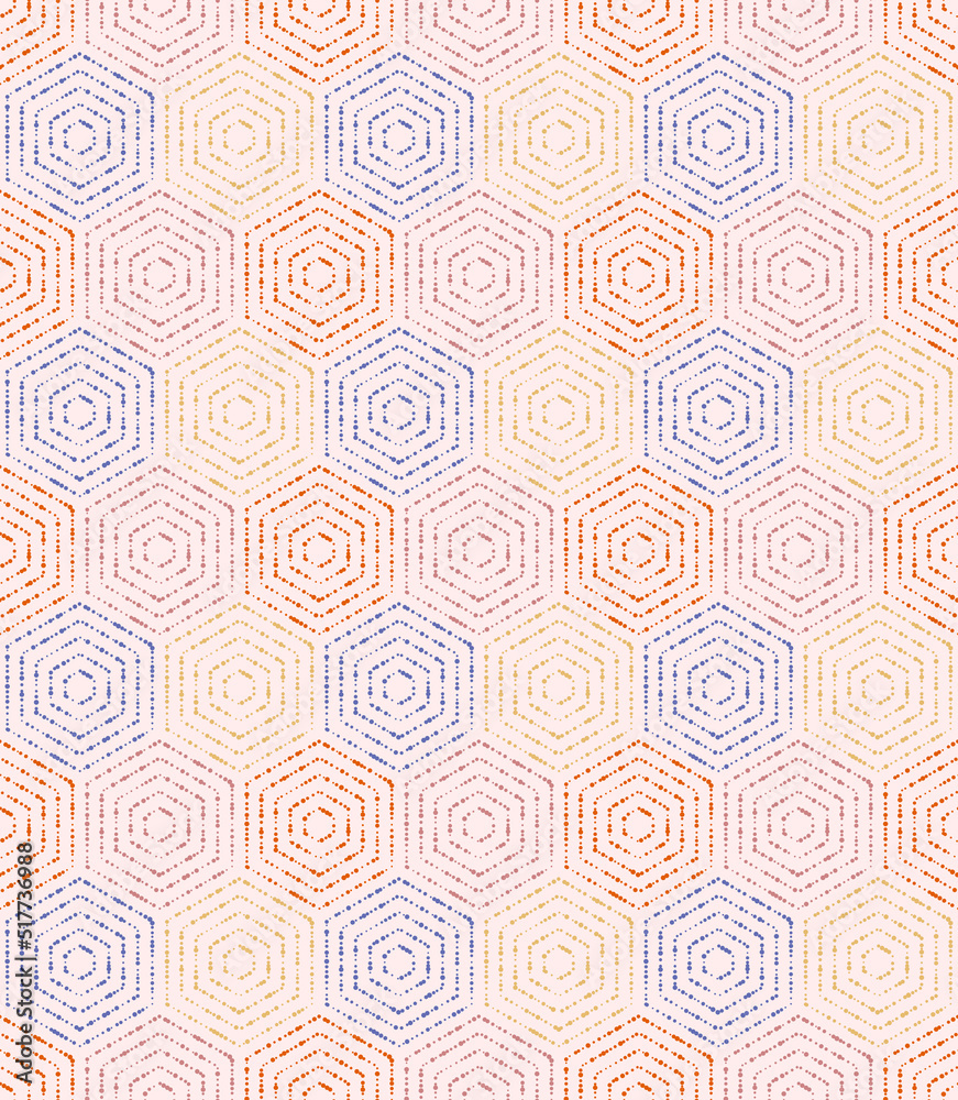 Geometric repeating vector ornament with hexagonal dotted colored elements. Geometric modern ornament. Seamless abstract modern pattern