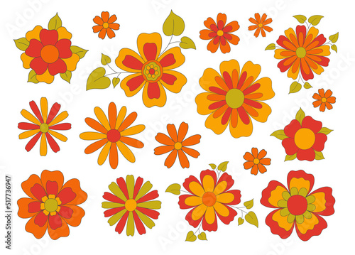 Hippie funky vibe style flower set. Vintage 1960-1970.All element are isolated. Hippy retro background. Symbol retro print