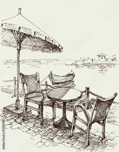 Restaurant table and chairs under umbrella on sea shore sketch