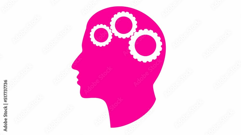 Animated pink mechanism in the head with gears. Concept of idea, creativity, intellect, strategy, thinking, work, productivity. Looped video. Flat vector illustration isolated on white background. Animated pink mechanism in the head with gears. Concept of idea, creativity, intellect, strategy, thinking, work, productivity. Looped video. Flat vector illustration isolated on white background.