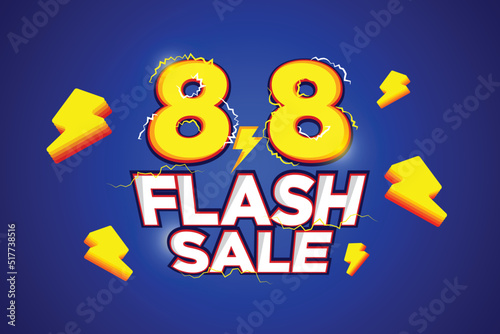 8.8 Flash Sale promotion template. Special offer text design with thunder, discount shopping, sale promotion and advertising. Vector illustration.