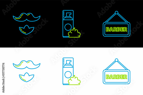 Set line Barbershop, Mustache and beard and Shaving gel foam icon. Vector