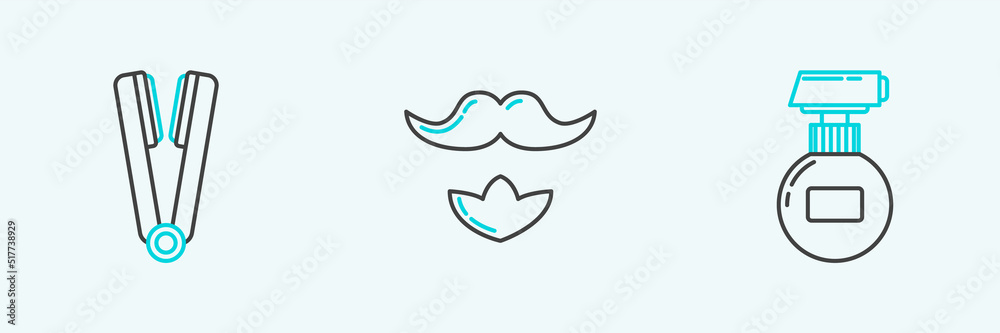 Set line Cream or lotion cosmetic tube, Curling iron for hair and Mustache and beard icon. Vector Set line Cream or lotion cosmetic tube, Curling iron for hair and Mustache and beard icon. Vector