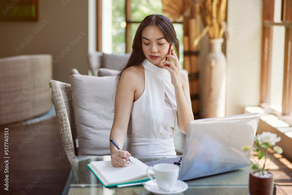 Young beautiful asian businesswoman having a phone call, sitting in office, cafe or coworking space with laptop. Conference call or working online Young beautiful asian businesswoman having a phone call, sitting in office, cafe or coworking space with laptop. Conference call or working online