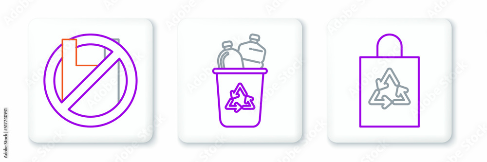Set line Plastic bag with recycle, Say no to plastic bags poster and Recycle bin symbol icon. Vector Set line Plastic bag with recycle, Say no to plastic bags poster and Recycle bin symbol icon. Vector