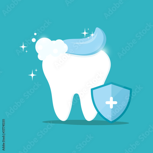 A clean, healthy tooth with toothpaste and a protective shield. Illustration for dentistry. Oral hygiene, brushing teeth.