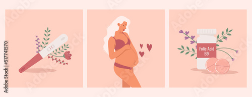 Set of illustrations on pregnancy and planning, taking folic acid, reproductive health, pregnancy test. Vector