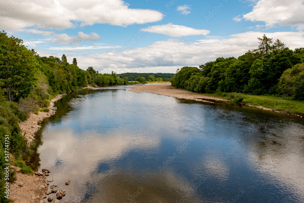 View down the River Dee from the Aboyne bridge in Aberdeenshire, Scotland