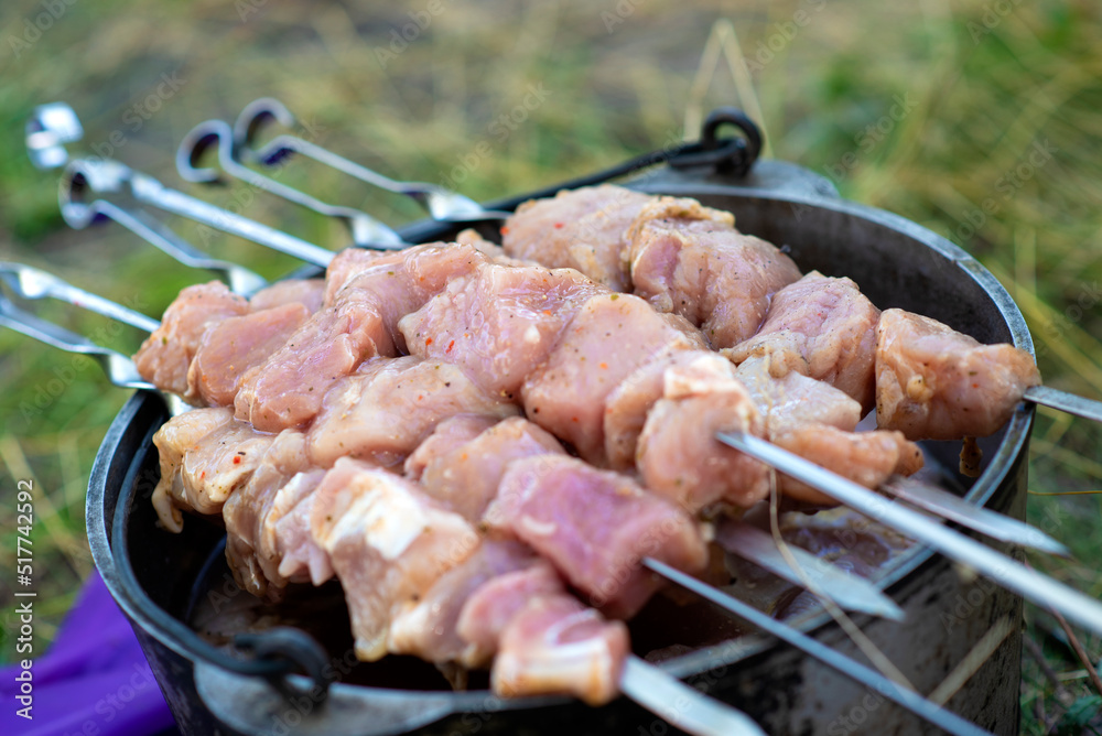 traditional Russian food in nature - barbecue, fried chicken, pork, meatю. Close-up shot of meat skewers in a barbecue picnic on an open fire on a summer afternoon
