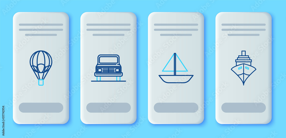Set line Car, Yacht sailboat or sailing ship, Hot air balloon and Cargo icon. Vector Set line Car, Yacht sailboat or sailing ship, Hot air balloon and Cargo icon. Vector