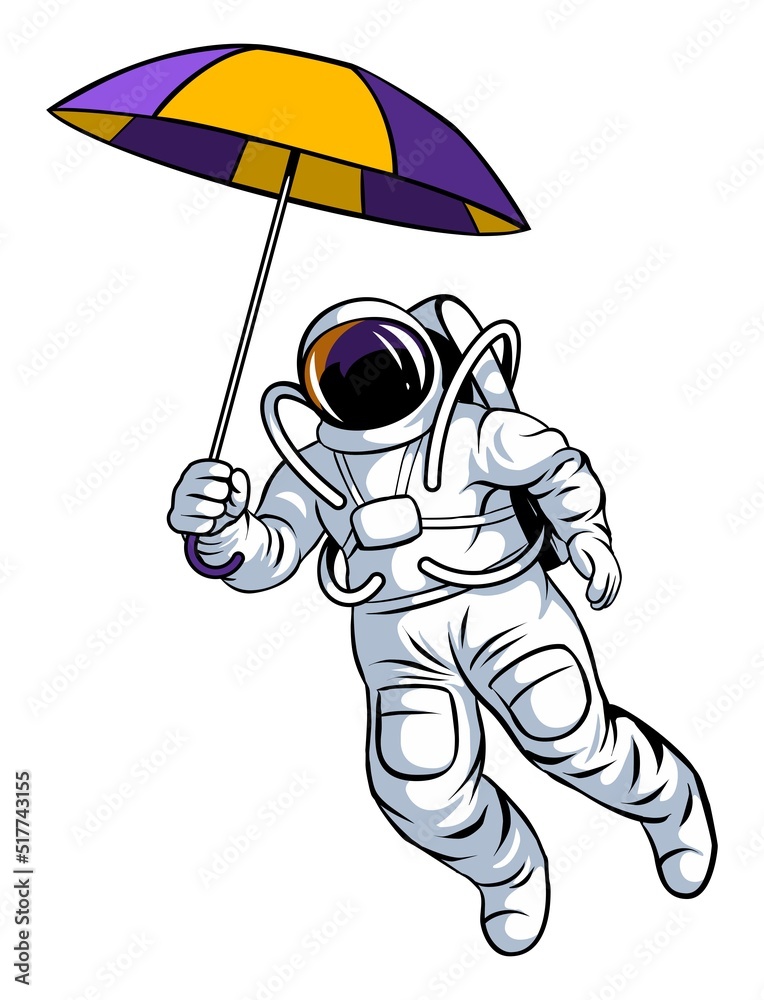 Obraz premium Vector astronaut illustration with an umbrella. Isolated on white background.