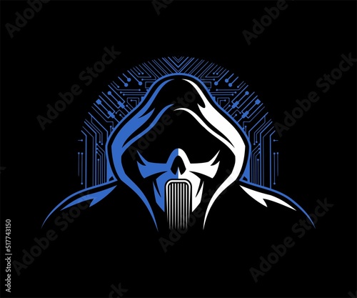 Robot skull with the hoodie and electronic board on background. Robot head logo design concept.