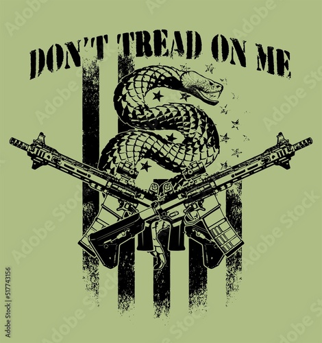 Don't tread on me vector logo, t-shirt print design concept. A rattlesnake with the american flag and two crossed guns vector image.