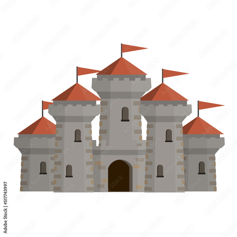 Medieval European stone castle. Knight fortress. Concept of security, protection and defense. Cartoon flat illustration. Military building with walls, gates and big tower.