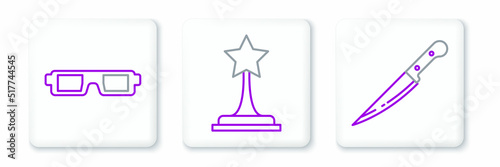 Set line Knife, 3D cinema glasses and Movie trophy icon. Vector