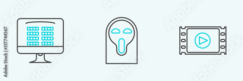 Set line Play Video, Buy cinema ticket online and Funny and scary ghost mask icon. Vector