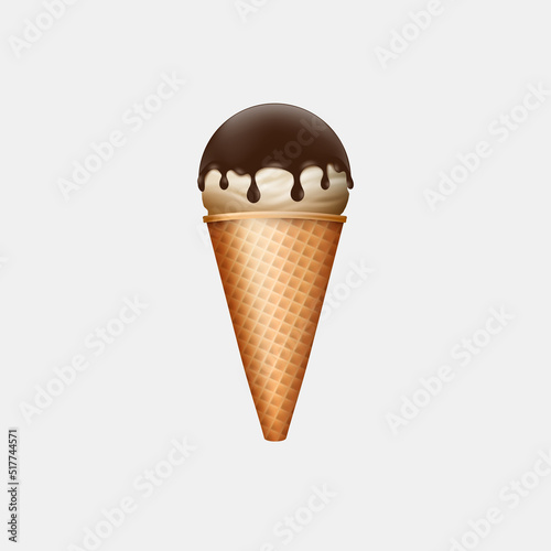 Ice cream in wafer cone realistic icon. Vanilla ice-cream scoop with chocolate syrup sundae eskimo