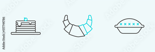 Set line Homemade pie, Stack of pancakes and Croissant icon. Vector