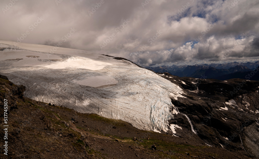 View of the Andes mountain range and Glacier Alerce in Pampa Linda, Río Negro, Argentina, from the top of Tronador hill. Beautiful ice field texture and color. View of the Andes mountain range and Glacier Alerce in Pampa Linda, Río Negro, Argentina, from the top of Tronador hill. Beautiful ice field texture and color.