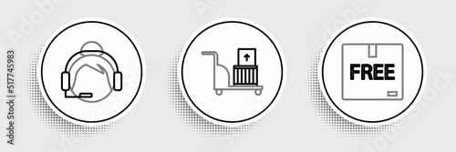 Set line Cardboard box with free symbol, Support operator in touch and Electric hand truck and boxes icon. Vector