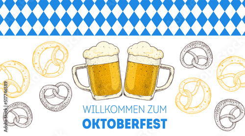 Oktoberfest beer hand drawn vector illustration. Two beer mugs and pretzels. Design template. Beer glass mugs illustration.