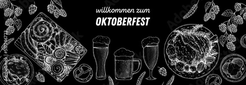 Oktoberfest menu design template. German food sketch. Hand drawn vector illustration. German cuisine. Black and white. Engraved style. Hand drawn food and drink, sketch illustration