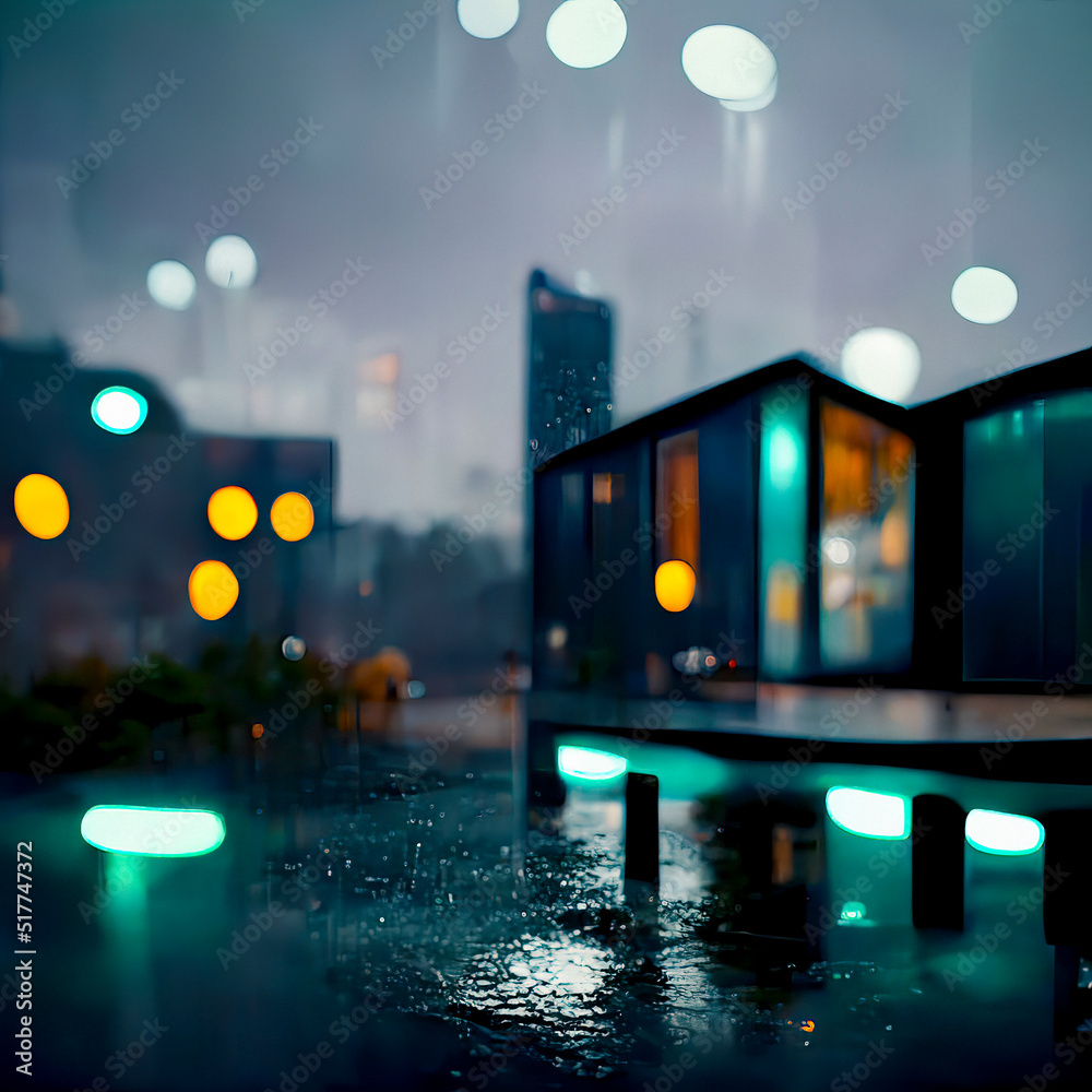 Blurry Rainy Street at Night in The Big City, Blurred Buildings and Colorful Bokeh Blurry Rainy Street at Night in The Big City, Blurred Buildings and Colorful Bokeh