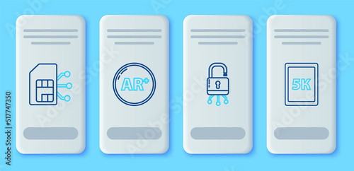 Set line Ar, augmented reality, Lock on digital circuit board, Sim card and Tablet with text 5k icon. Vector