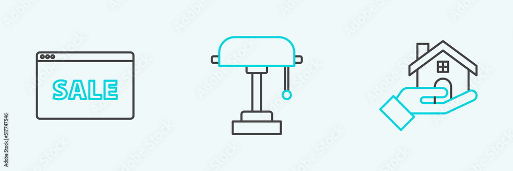 Set line Realtor, Hanging sign with text Online Sale and Table lamp icon. Vector Set line Realtor, Hanging sign with text Online Sale and Table lamp icon. Vector