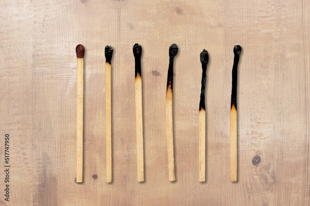 Burnt matches. Different stages of match burning Burnt matches.