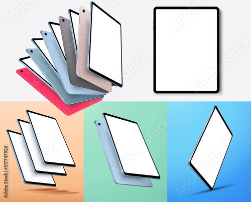 A set of realistic tablets rotated in different directions. Modern tablet side view, top view, and in the air isolated on a white background. Vector illustration