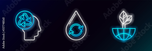 Set line Earth globe and leaf, Human head with recycle and Recycle clean aqua icon. Glowing neon. Vector