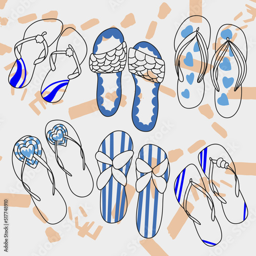 Beach Flip Flops Set Summer Shoes, Girls Fashion Shoes, Doodle Sketch