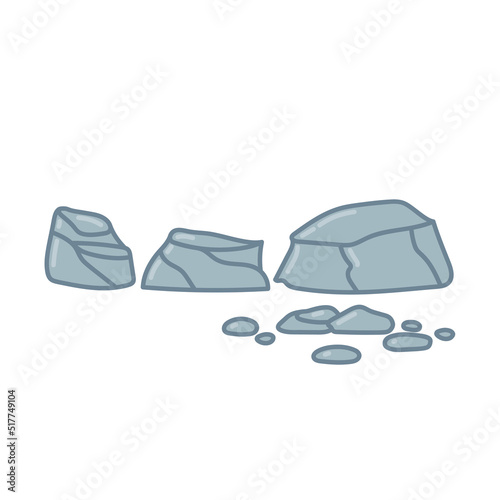 Big cracked stones set. Rocks for garden design. Hand drawn illustration in cartoon style. Vector isolated on white background.