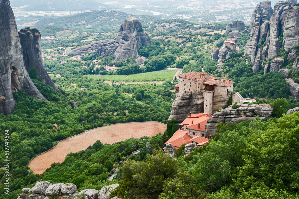 Landscape with giant steep rocks in the area of Meteora, Greece