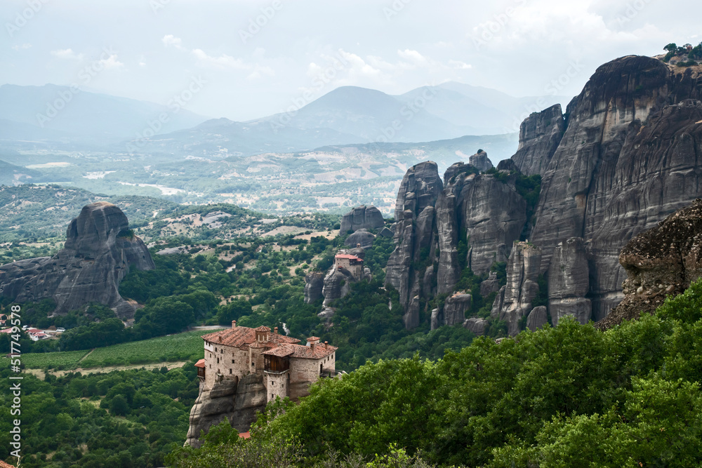 Landscape with giant steep rocks in the area of Meteora, Greece