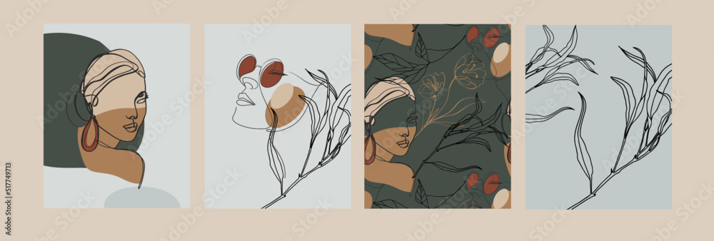 Fototapeta premium Collection posters. Banner with women and realistic botanical the seamless pattern. Set of vector illustrations. 