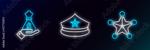 Set line Hexagram sheriff, Hand holding money bag and Police cap with cockade icon. Glowing neon. Vector