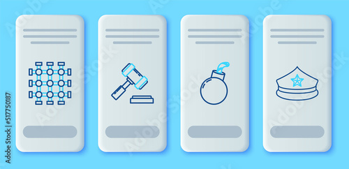 Set line Judge gavel, Bomb ready to explode, Prison window and Police cap with cockade icon. Vector