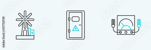 Set line Ampere meter, multimeter, voltmeter, Wind turbine and Electrical cabinet icon. Vector