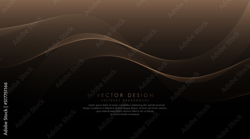 Abstract shiny golden wavy lines on dark background. Modern luxury template design with flowing gold wave element. Moving lines. Suit for banner, poster, flyer, card, brochure, website.