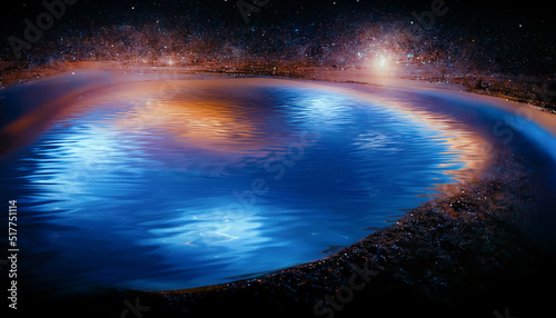 Abstract night fantasy landscape with a starry sky, a natural pool of water, a lake in which the galaxy, the milky way, the universe, stars, planets are reflected. 3D illustration.