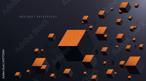 Abstract dark background with cubes. Modern black and orange geometric cube graphic design. 3d cube. Futuristic technology concept. Suit for poster, website, flyer, banner. Vector illustration