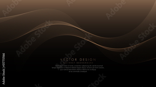 Abstract shiny golden wavy lines on dark background. Modern luxury template design with flowing gold wave element. Moving lines. Suit for banner, poster, flyer, card, brochure, website.
