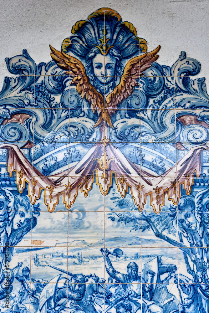 azulejos panels on the wall of the Rio Tinto train station suburb of Porto, Portugal