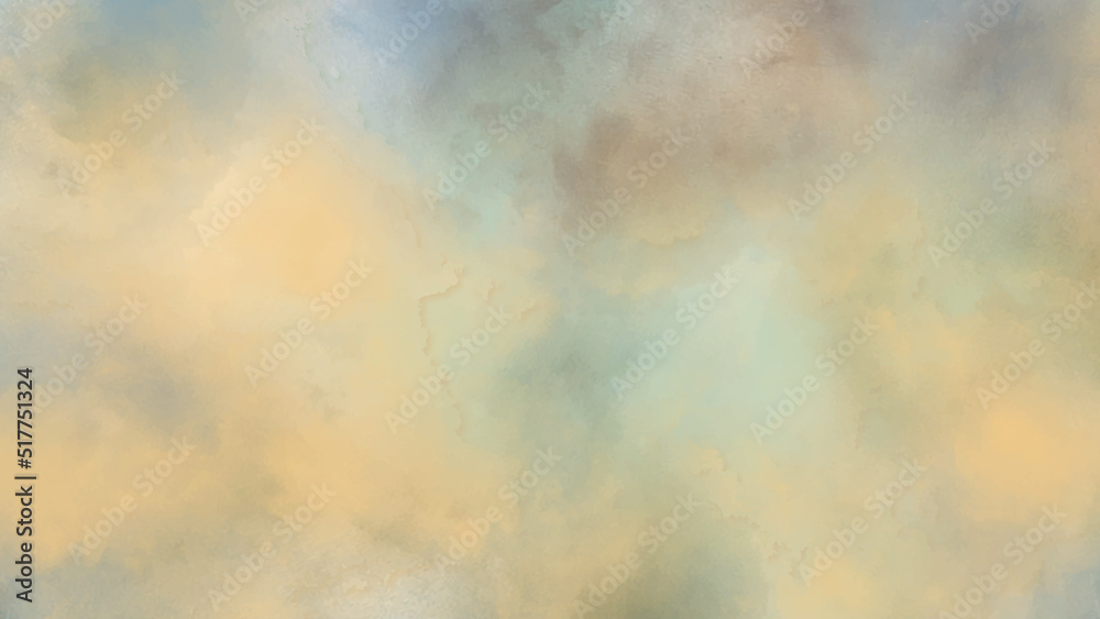 watercolor background painting with cloudy distressed texture. soft yellow beige lighting and gradient blue green colors. colorful background with watercolor stains and for design and decoration. 