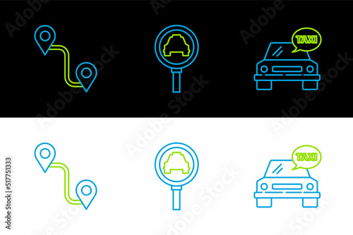 Set line Taxi car, Route location and Magnifying glass and taxi icon. Vector