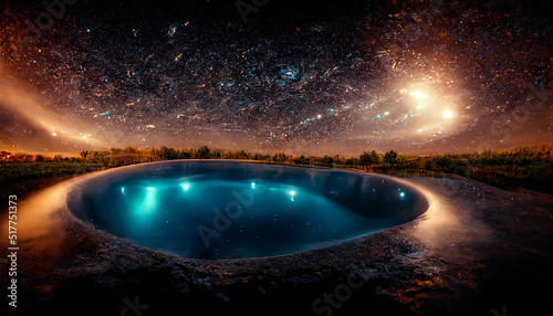 Abstract night fantasy landscape with a starry sky, a natural pool of water, a lake in which the galaxy, the milky way, the universe, stars, planets are reflected. 3D illustration. © MiaStendal