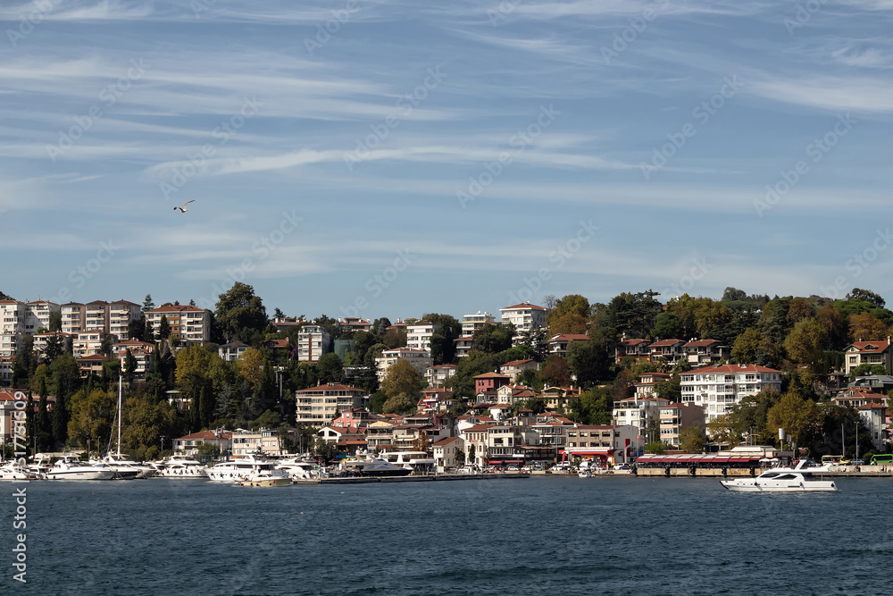View of a neighborhood called İstinye by Bosphorus on European side of Istanbul. It is a sunny summer day. Beautiful travel scene.